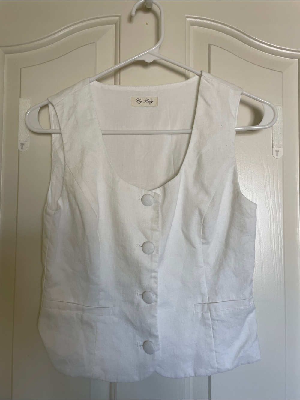 White Sleeveless Button Front Linen Vest